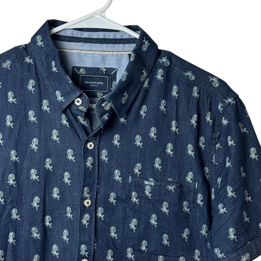 7Diamonds Button Down Mens L Blue Rose Floral Print Stretch Short Sleeve‎ Shirt